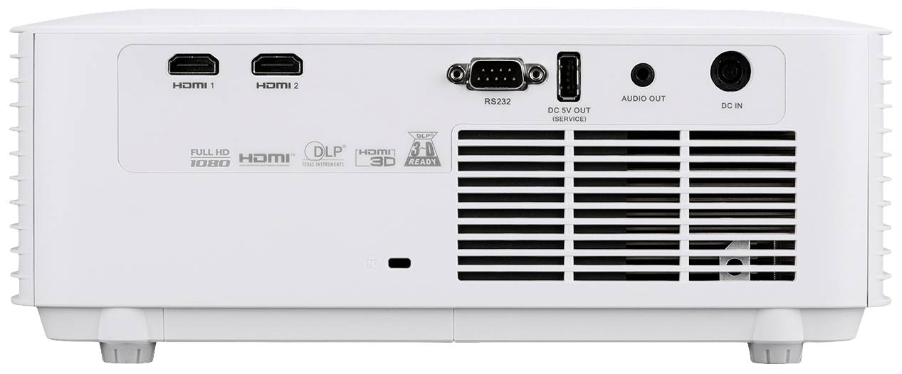 Vue arrière d'un projecteur avec des ports HDMI, RS232, sortie audio et DC-IN, ainsi que des ouvertures de ventilation.