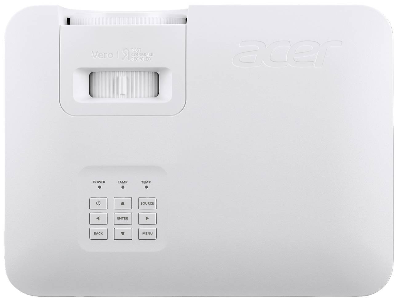 Un projecteur blanc avec des touches de commande, incluant un bouton marche/arrêt, source, menu, retour et touches fléchées. Marqué 'Acer'.