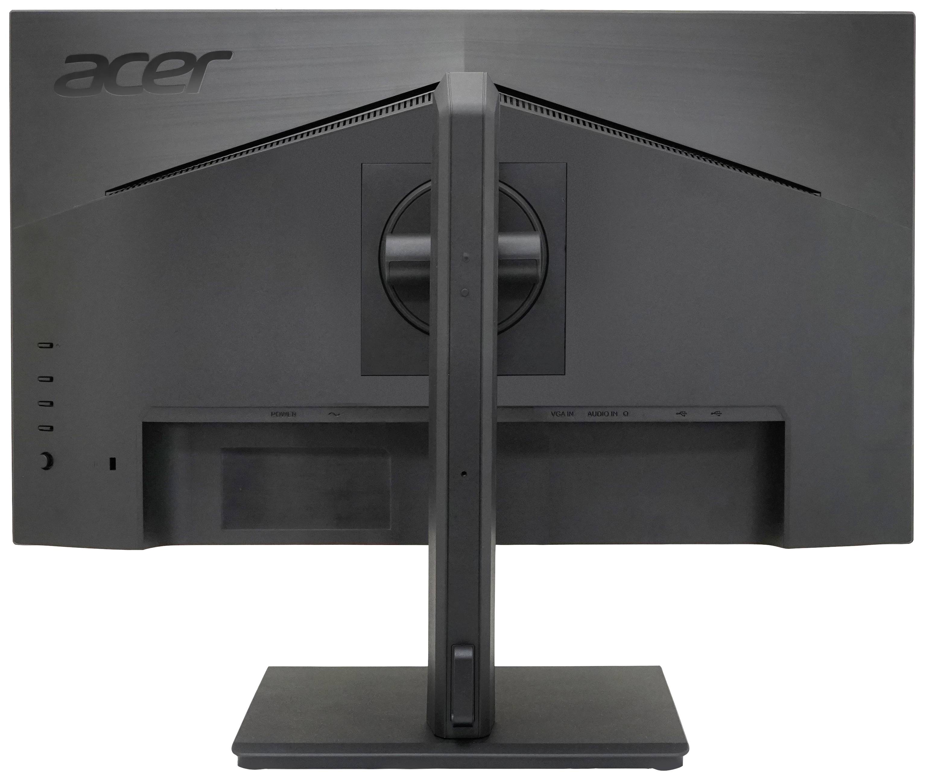 Vue arrière d'un moniteur Acer monté sur un socle rectangulaire. Principalement de couleur noire.