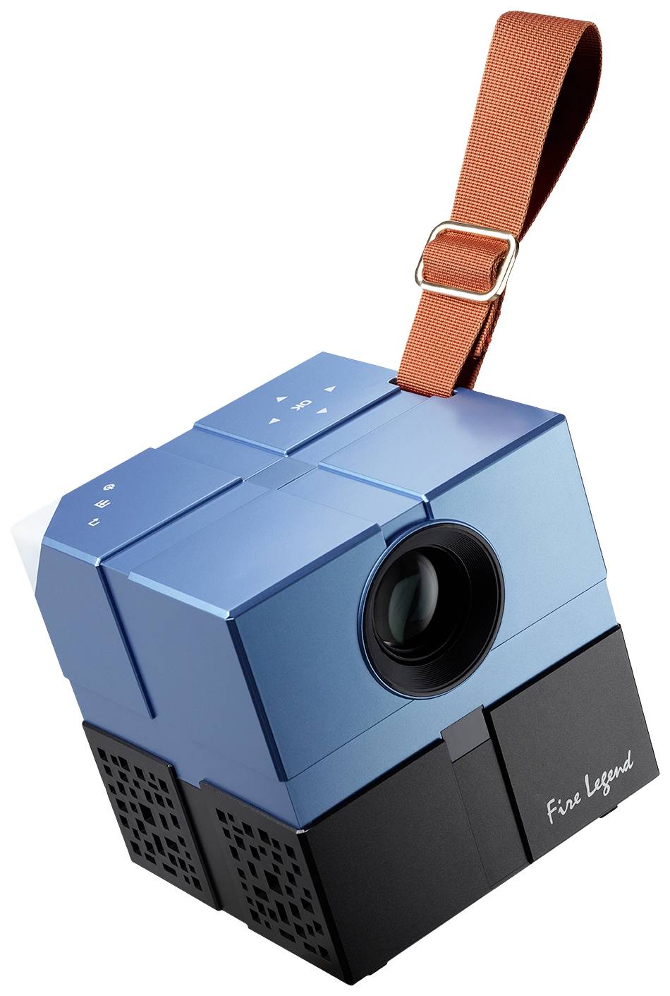 Un projecteur bleu au design moderne avec une sangle de transport rouge, vu de côté.