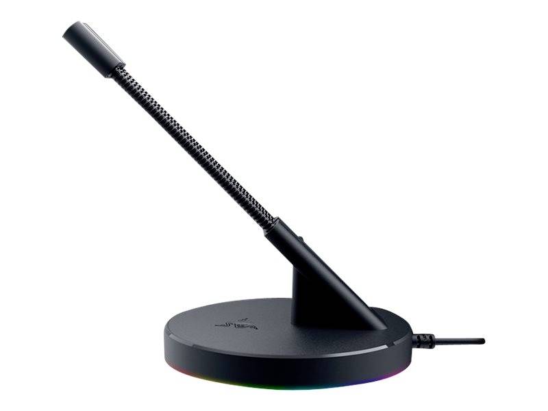 Un support de microphone noir avec un col de cygne flexible, reposant sur un socle rond qui brille de manière uniforme dans un spectre arc-en-ciel.