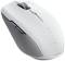 Une souris d'ordinateur sans fil, blanche avec des côtés gris et un design ergonomique. Elle dispose d'une molette de défilement et de touches latérales.