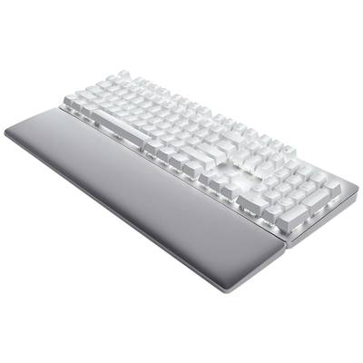 Clavier mécanique blanc avec repose-poignets, présenté en diagonale. Il arbore une esthétique claire et moderne avec des touches blanches.