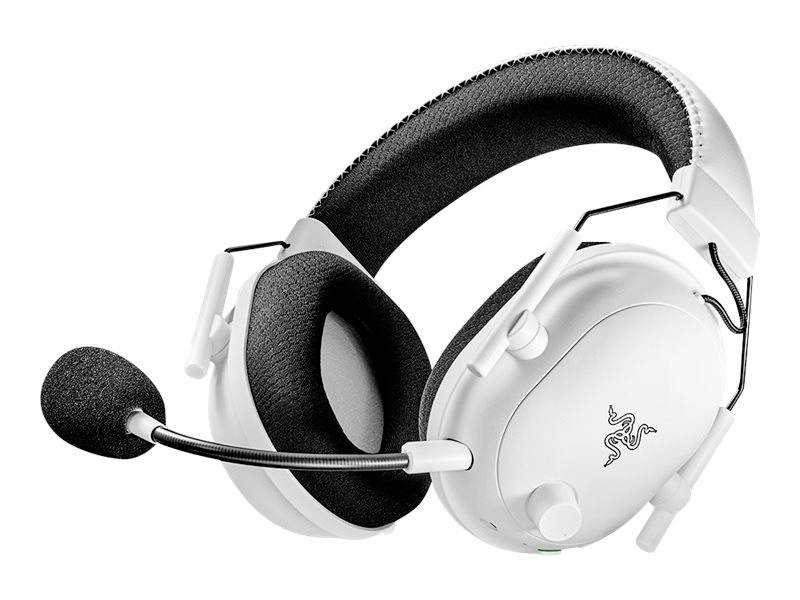Casque de gaming blanc avec microphone, coussinets d'oreilles et arceau doucement rembourrés, conçu pour une utilisation prolongée confortable.