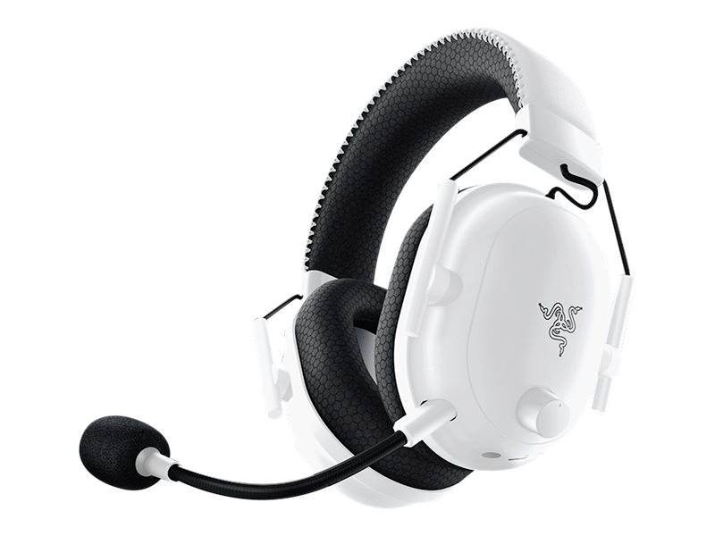 Casque de gaming blanc avec microphone et coussinets d'oreille noirs, marqué d'un symbole de serpent stylisé, sur fond blanc.