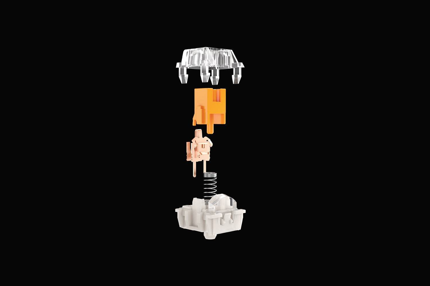 Une explosion d'un interrupteur mécanique révèle ses composants : capot supérieur, poussoir orange, ressort et capot inférieur sur un fond noir.