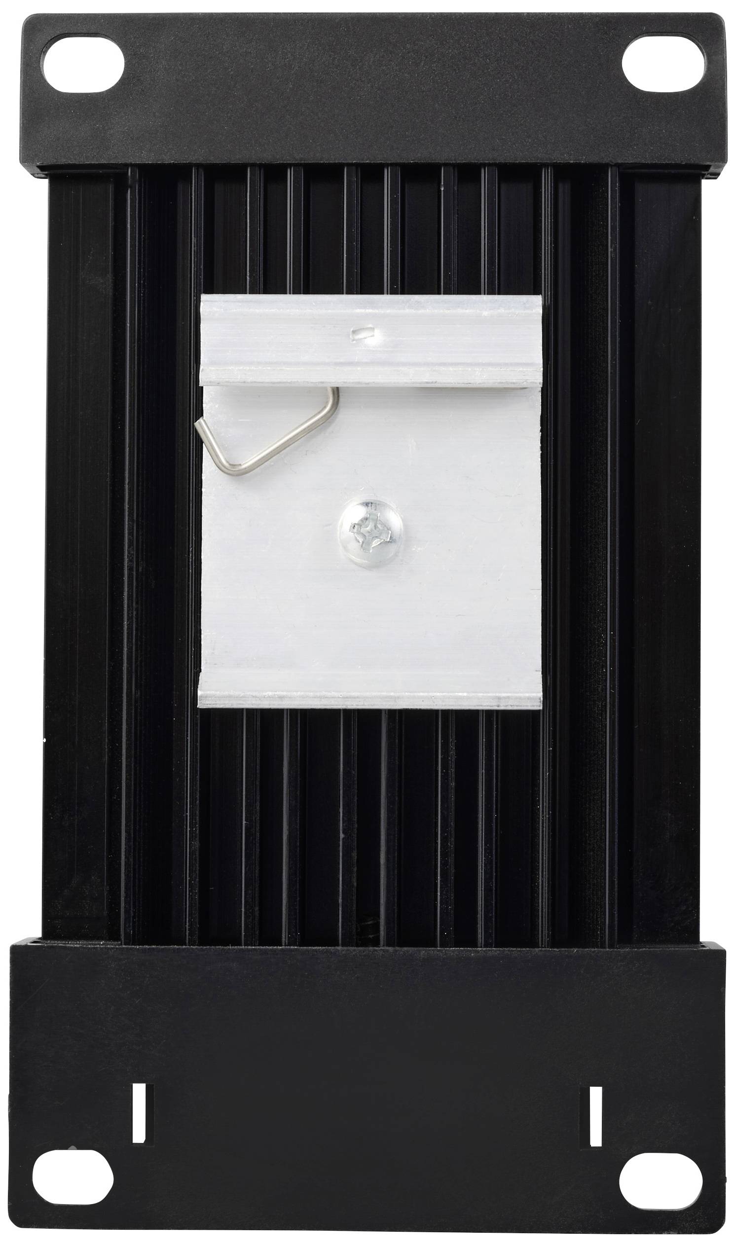 Composant électronique noir, rectangulaire, avec des ailettes verticales et une plaque métallique argentée au centre.