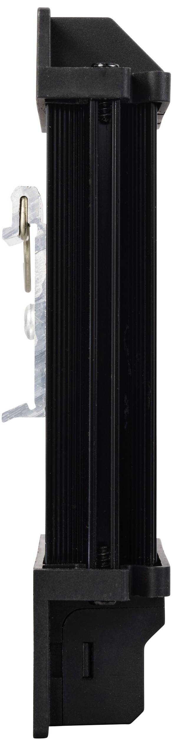 Composant électronique noir vertical avec support métallique latéral.