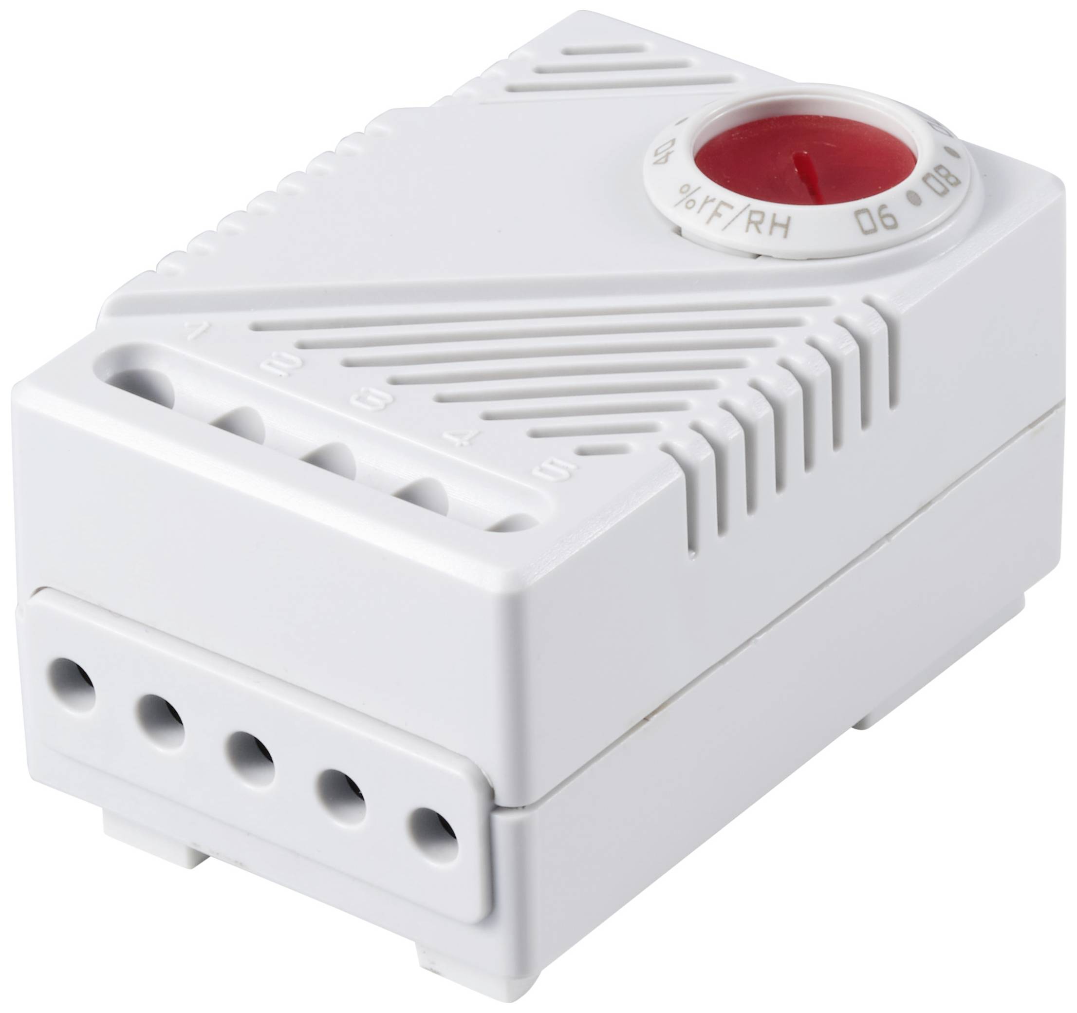 Appareil électrique blanc avec des fentes de ventilation et un bouton rotatif rouge indiquant des pourcentages et des températures.