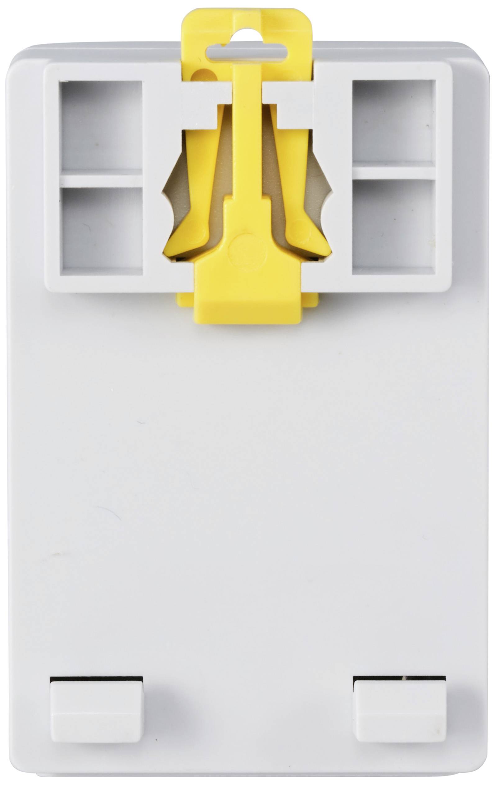 Un contenant rectangulaire en plastique gris avec un clip jaune sur le dessus, probablement un organisateur de câbles ou de fils.