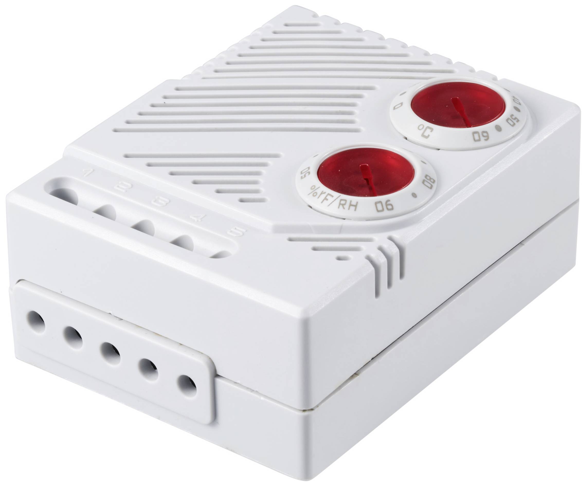 Un appareil rectangulaire blanc avec deux boutons rouges rotatifs permettant de réguler la température et l'humidité.