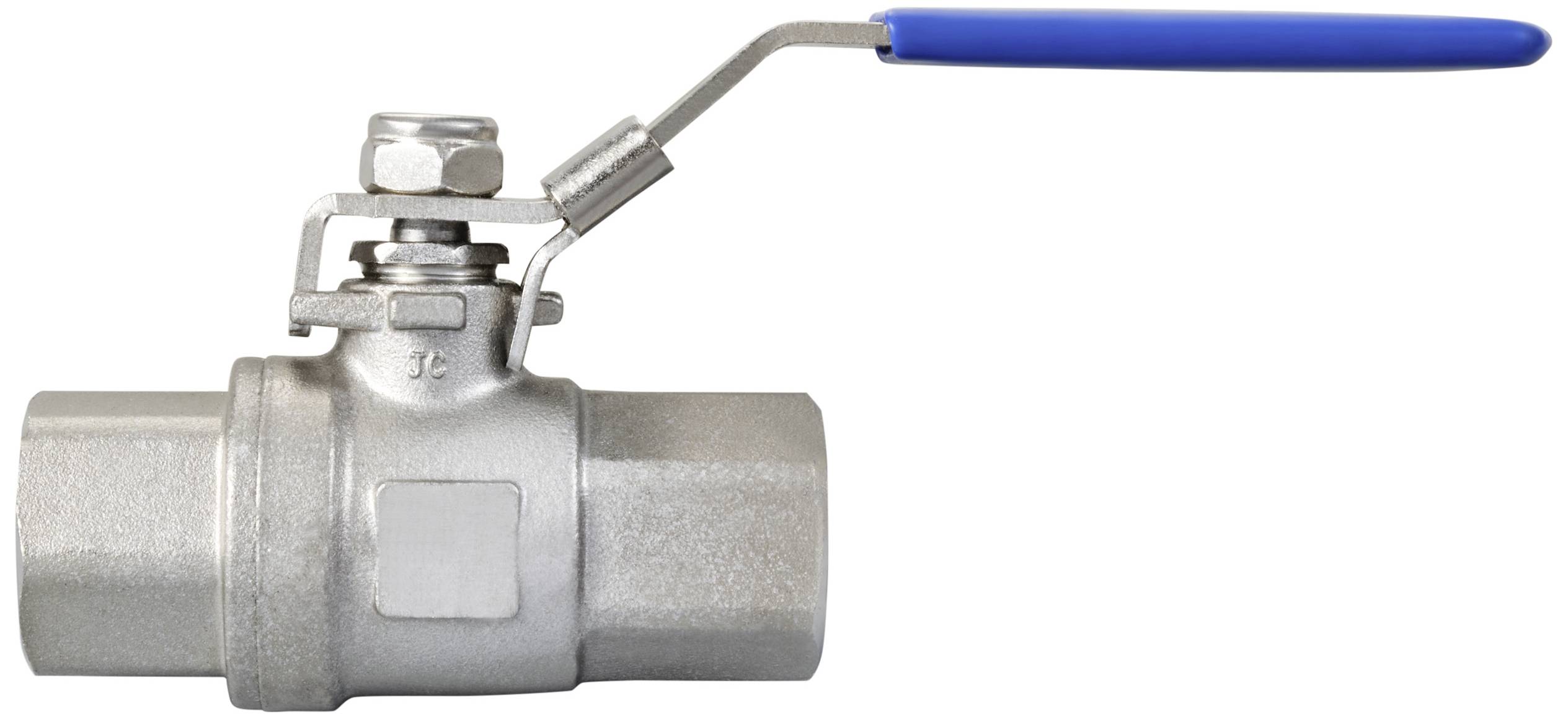 Vanne à boisseau sphérique industrielle en métal avec poignée bleue pour contrôler le flux de liquide.