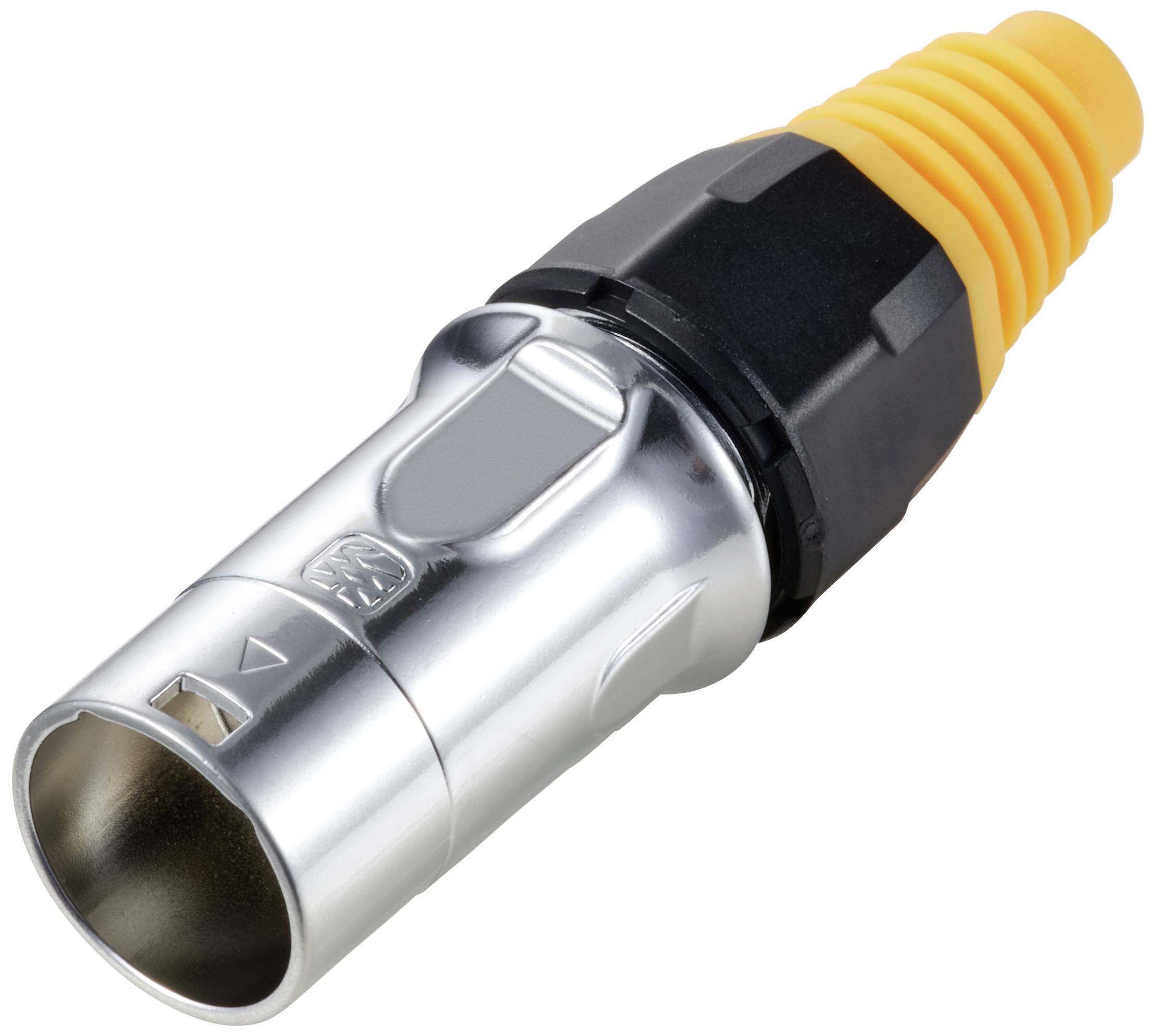 Un connecteur XLR argenté avec une gaine de câble jaune, adapté aux connexions audio.