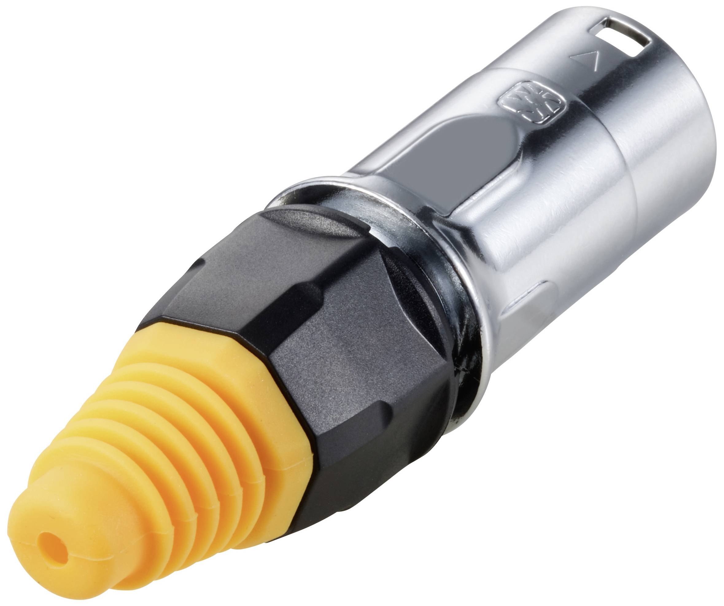 Un connecteur XLR jaune et noir avec boîtier métallique, utilisé pour les connexions audio.