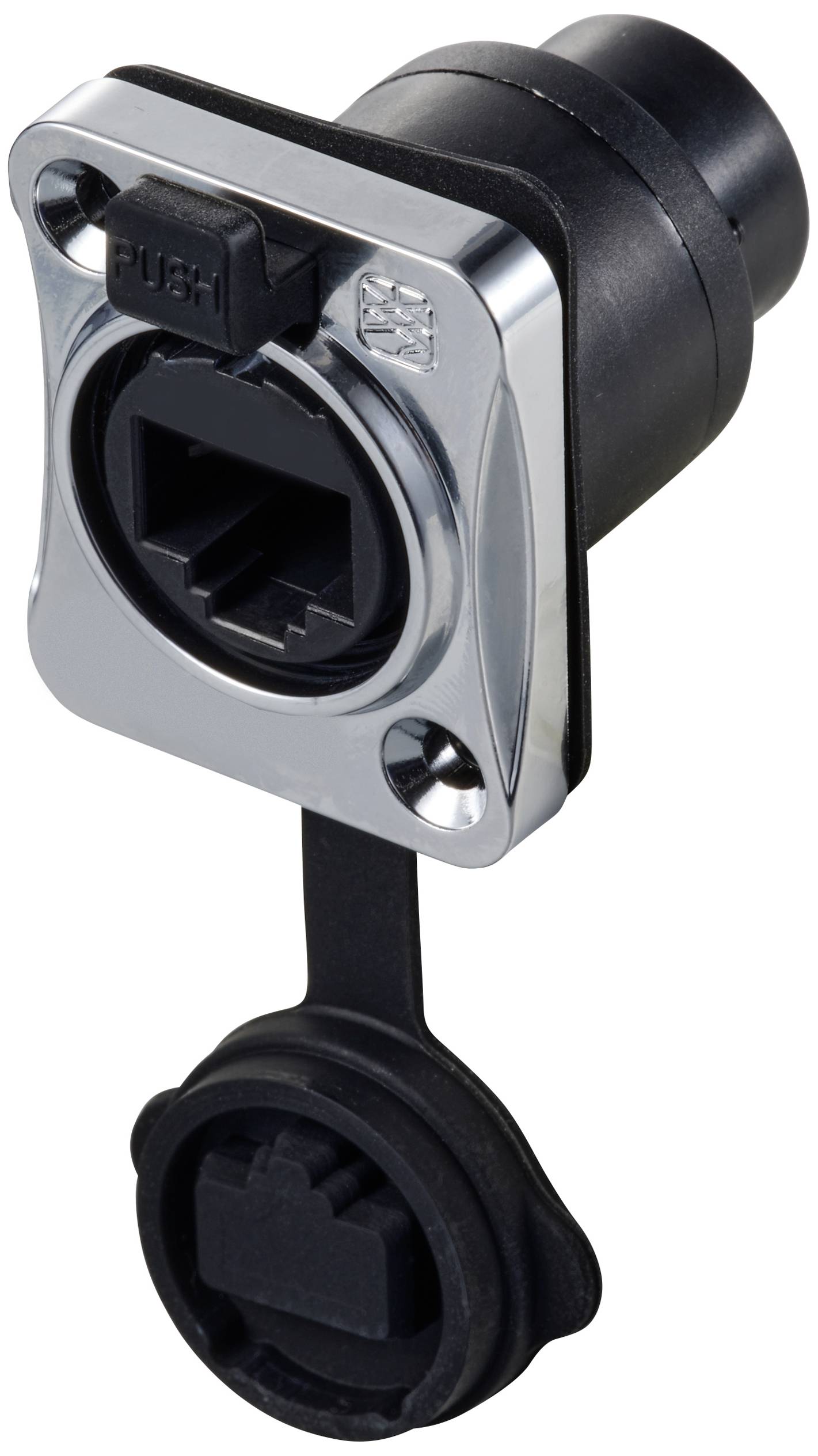 Prise réseau avec couvercle amovible et fermeture à poussoir, en métal et plastique, pour une connexion sécurisée des câbles.