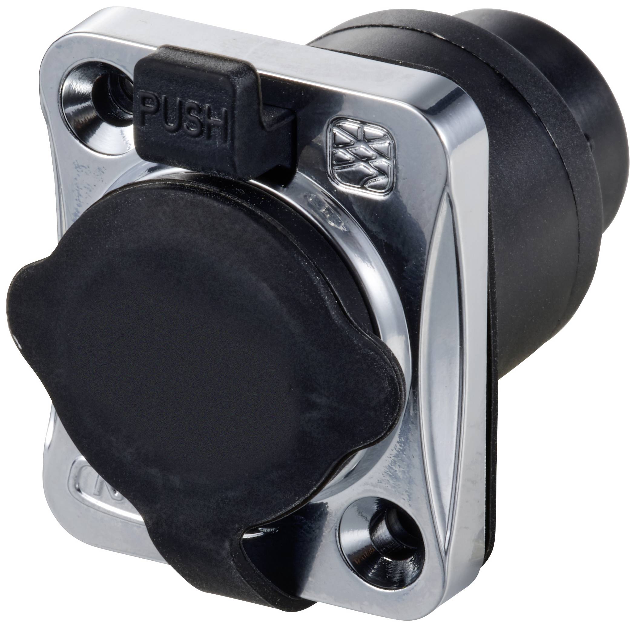 Un bouton-poussoir carré noir portant l'inscription 'PUSH' sur le dessus, monté dans un cadre argenté.