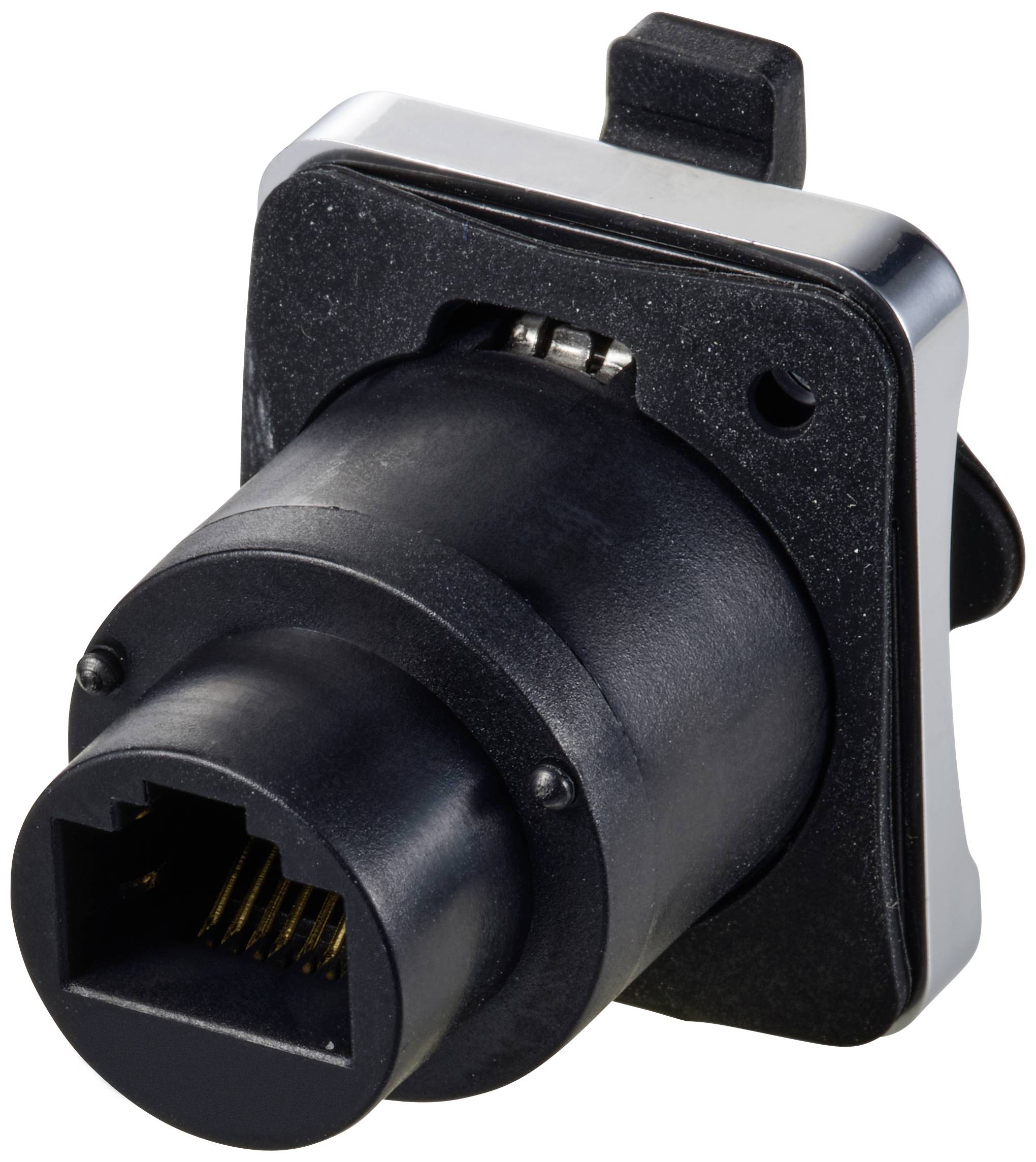 Un adaptateur RJ45 noir et argent pour montage de câble réseau, avec boîtier métallique et connexion en plastique.