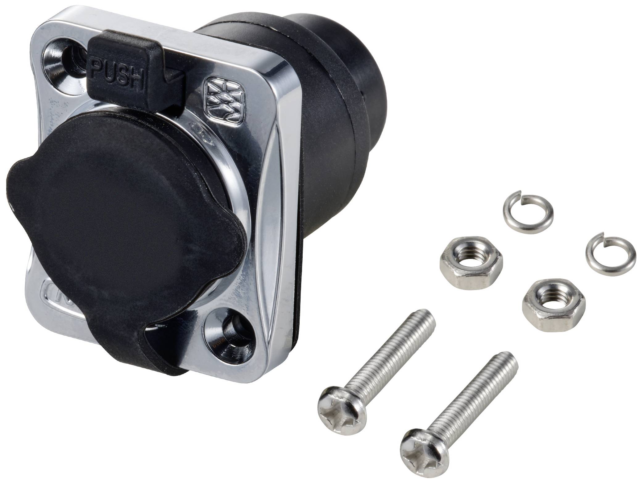 Une prise ronde noire avec un boîtier métallique. Deux vis, écrous et rondelles sont disposés à côté.