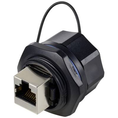 Un connecteur RJ45 industriel noir avec un boîtier métallique, adapté aux applications réseau robustes.