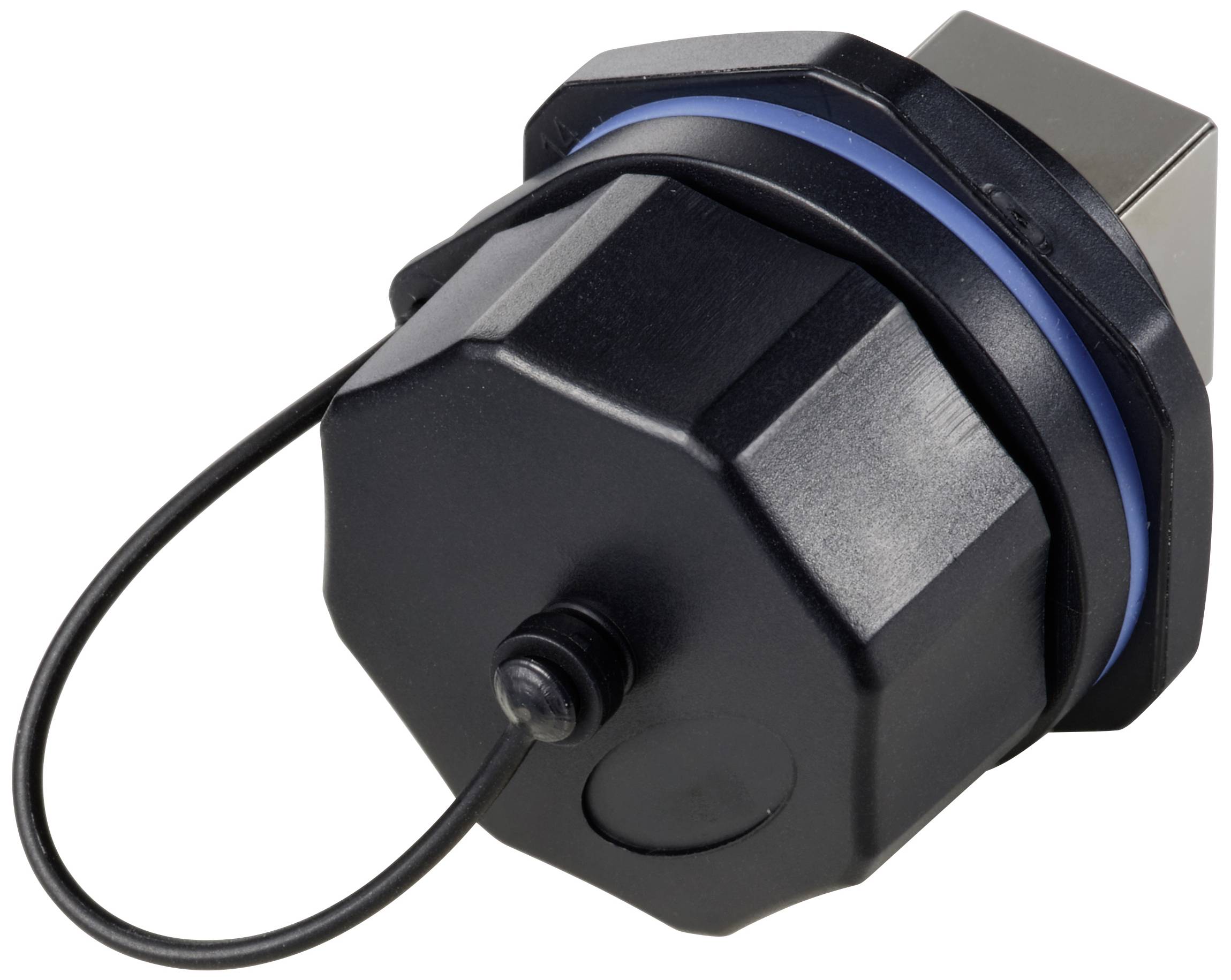 'Adaptateur électrique noir avec capuchon de protection et bande de fixation élastique.'