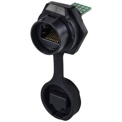 Un connecteur RJ45 noir avec un capuchon amovible, monté sur une petite carte de circuit imprimé, sur un fond neutre.
