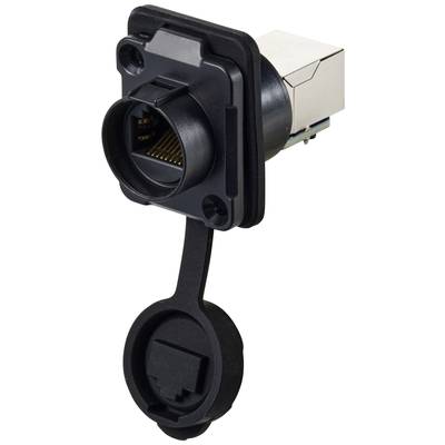 Une prise RJ45 noire avec un capuchon anti-poussière, montée sur une plaque rectangulaire.
