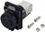 Un module de connexion Ethernet avec un boîtier noir, flanqué de deux vis et deux écrous.
