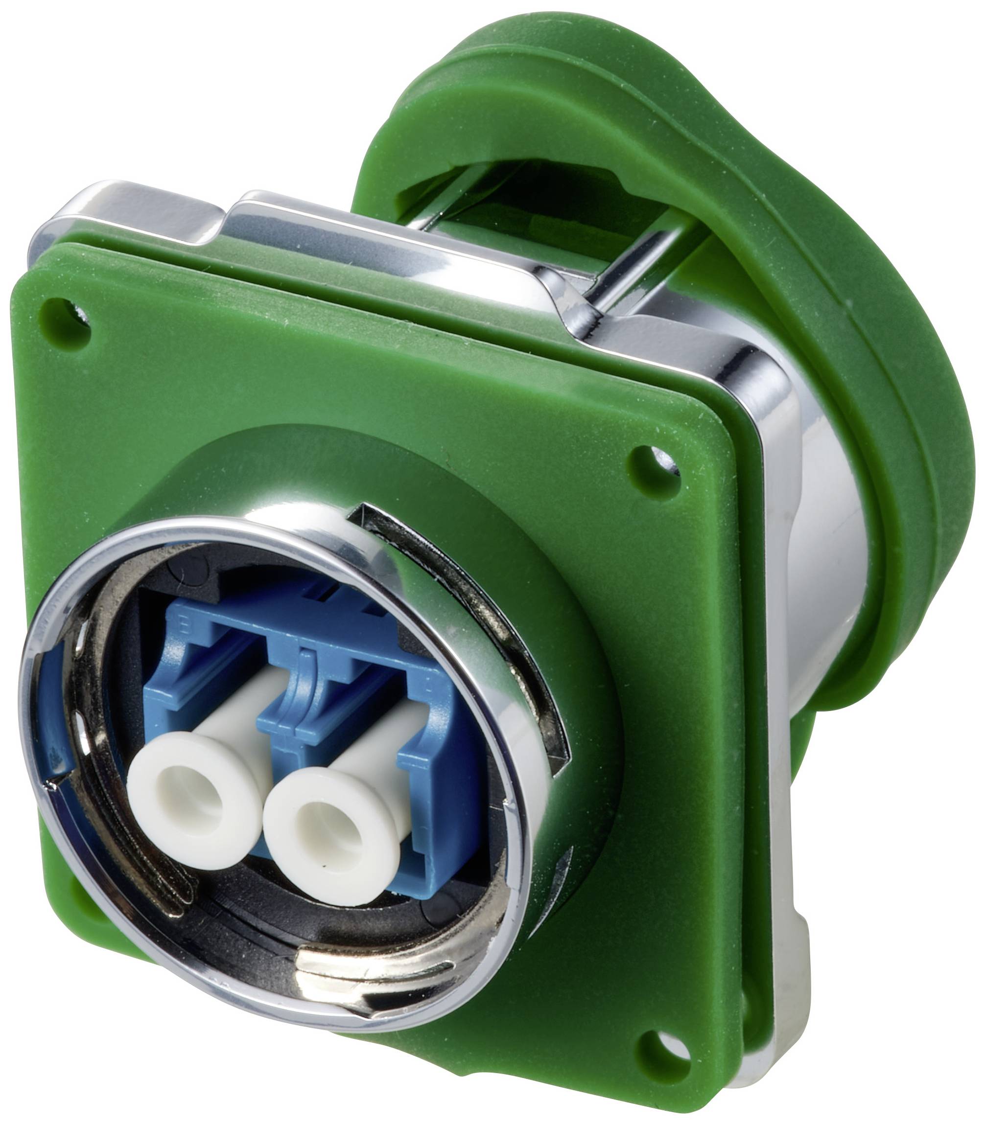 Un composant électrique vert, circulaire, doté de deux connexions blanches et d'un anneau métallique, utilisé pour la transmission de données.