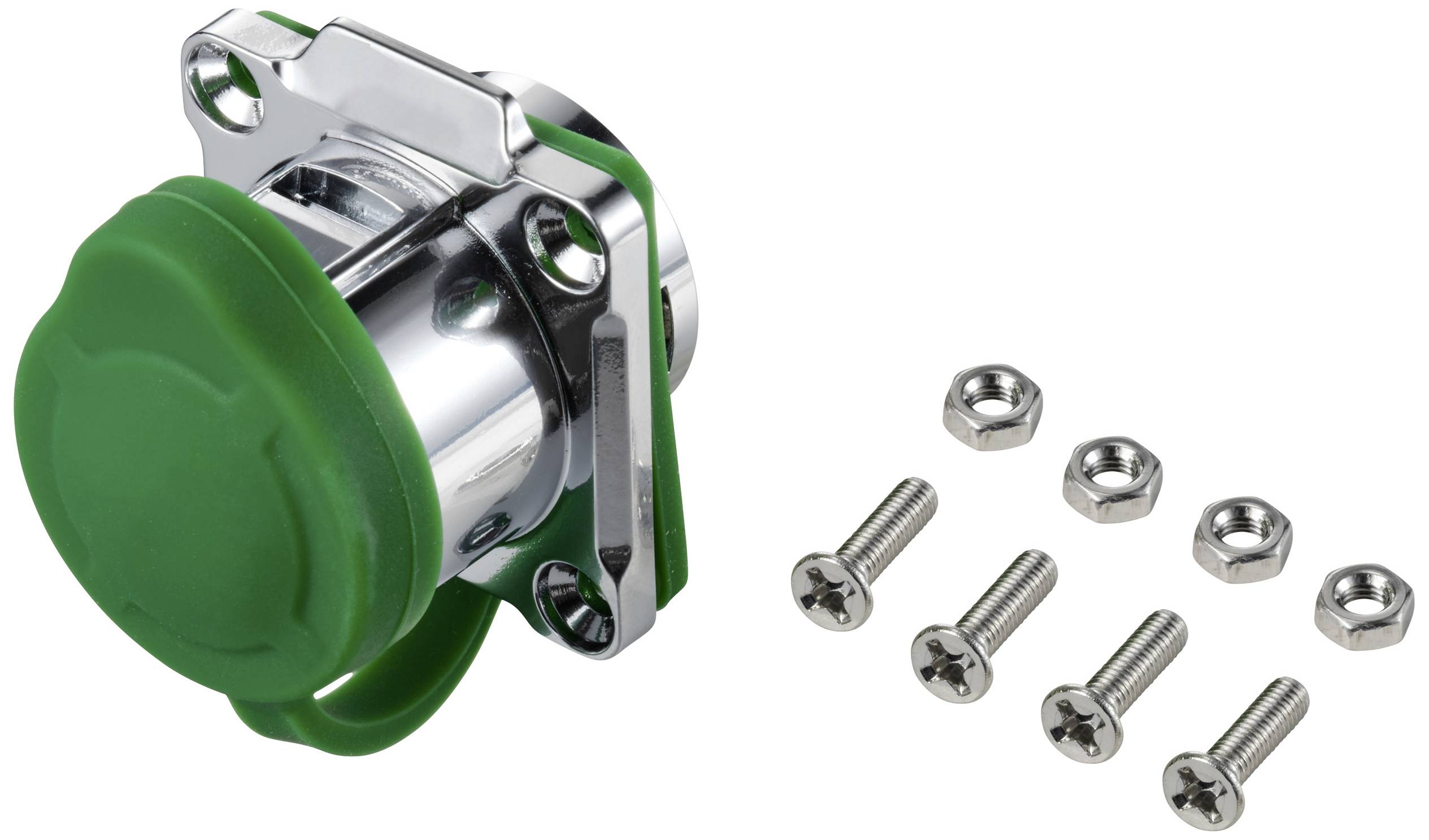 Pièce de fixation métallique avec un couvercle en plastique vert et quatre vis avec écrous, probablement destinée à des montages techniques.