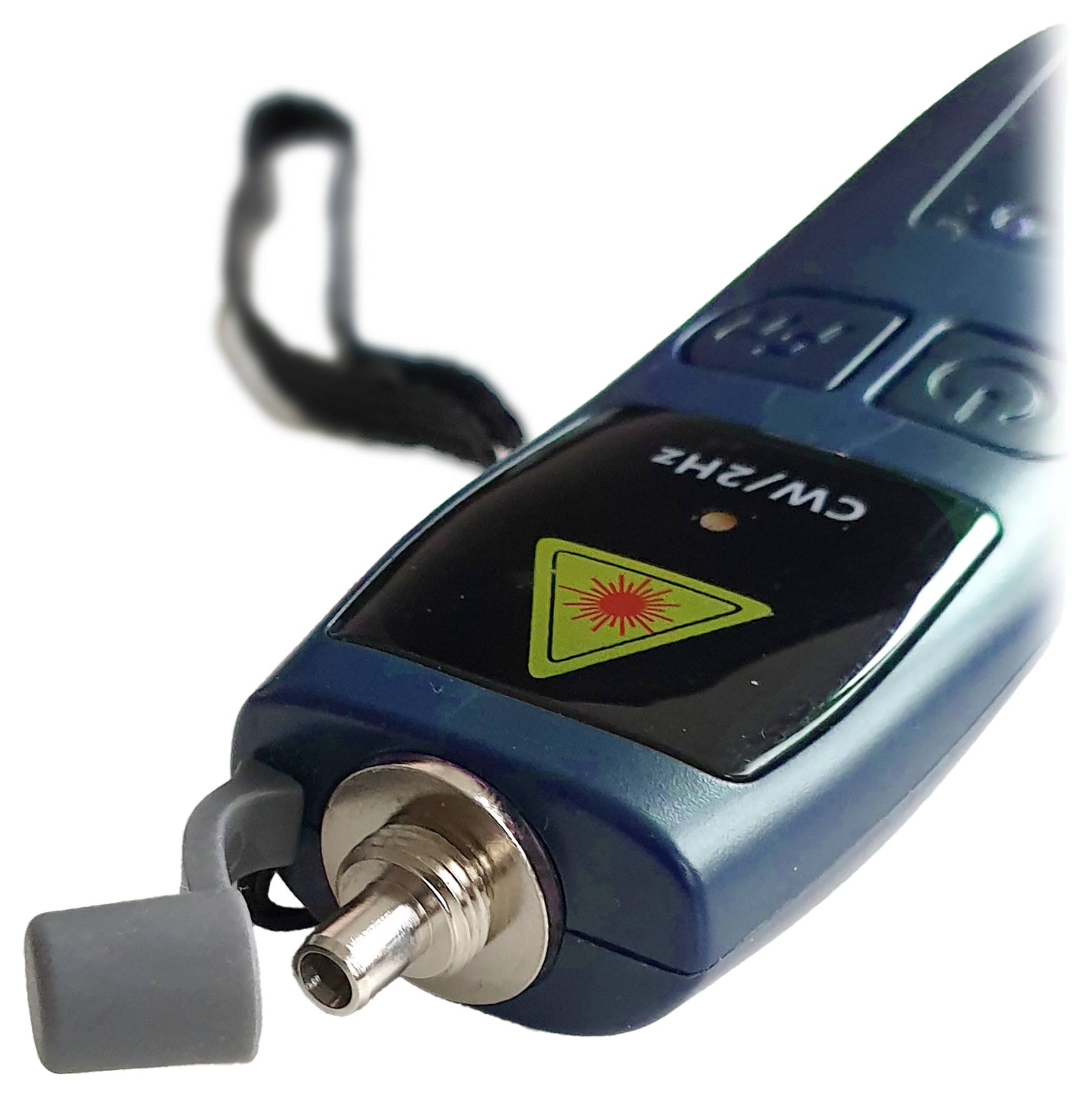 Appareil laser CW/2Hz portatif avec étiquette d'avertissement et capuchon de protection sur le connecteur avant.