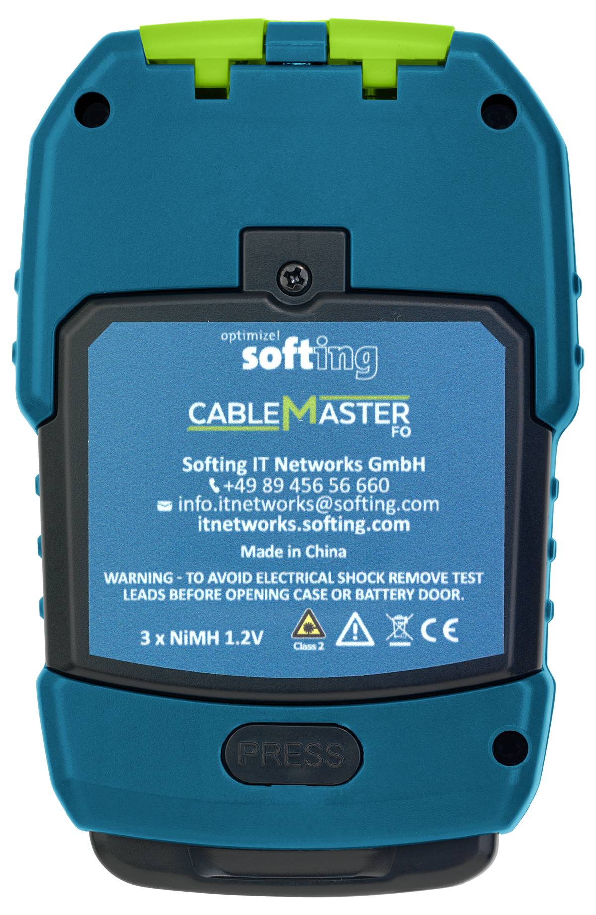 Testeur de câbles réseau fibre optique Blue Softing CableMaster FO avec étiquette, texte d'avertissement et bouton de commande sur le devant.