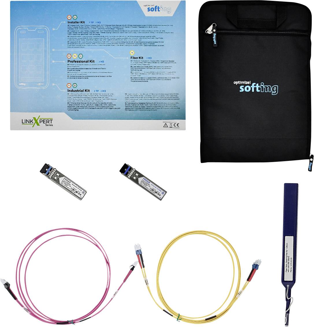 Kit 'Linkxpert' avec logo Softing, comprenant un manuel d'utilisation, un sac noir, deux câbles et trois modules.
