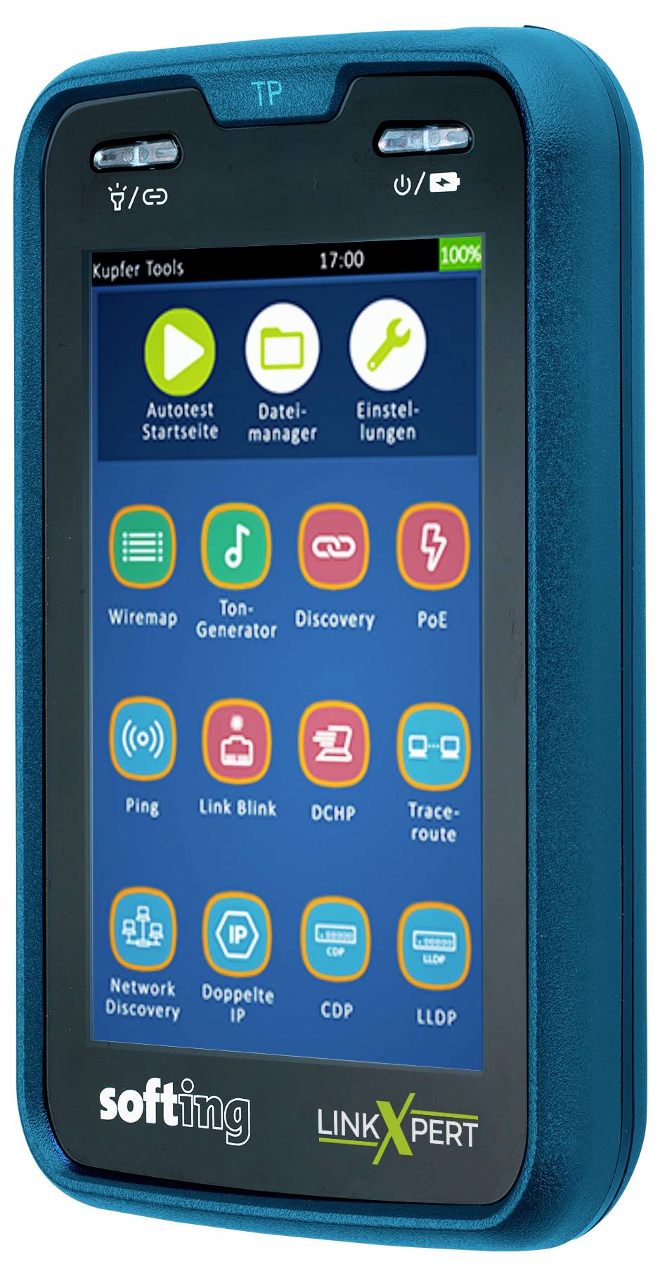 Testeur réseau portatif à écran tactile affichant un menu d'outils de diagnostic, incluant autotest, gestionnaire de fichiers, paramètres, schéma de câblage, tonalité, découverte, PoE, ping, DHCP, traceroute, CDP et LLDP.