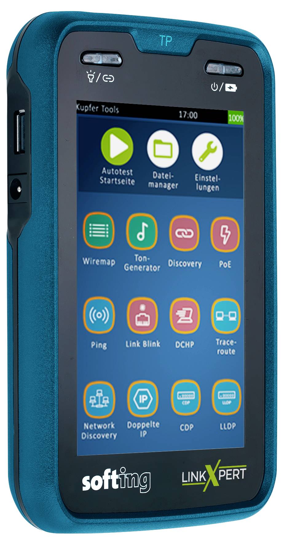 Appareil de test réseau portatif affichant un menu tactile d'outils tels que Wiremap, Générateur de tonalités, Découverte, PoE, Ping, Clignotement de lien, DHCP, Traceroute et LLDP.