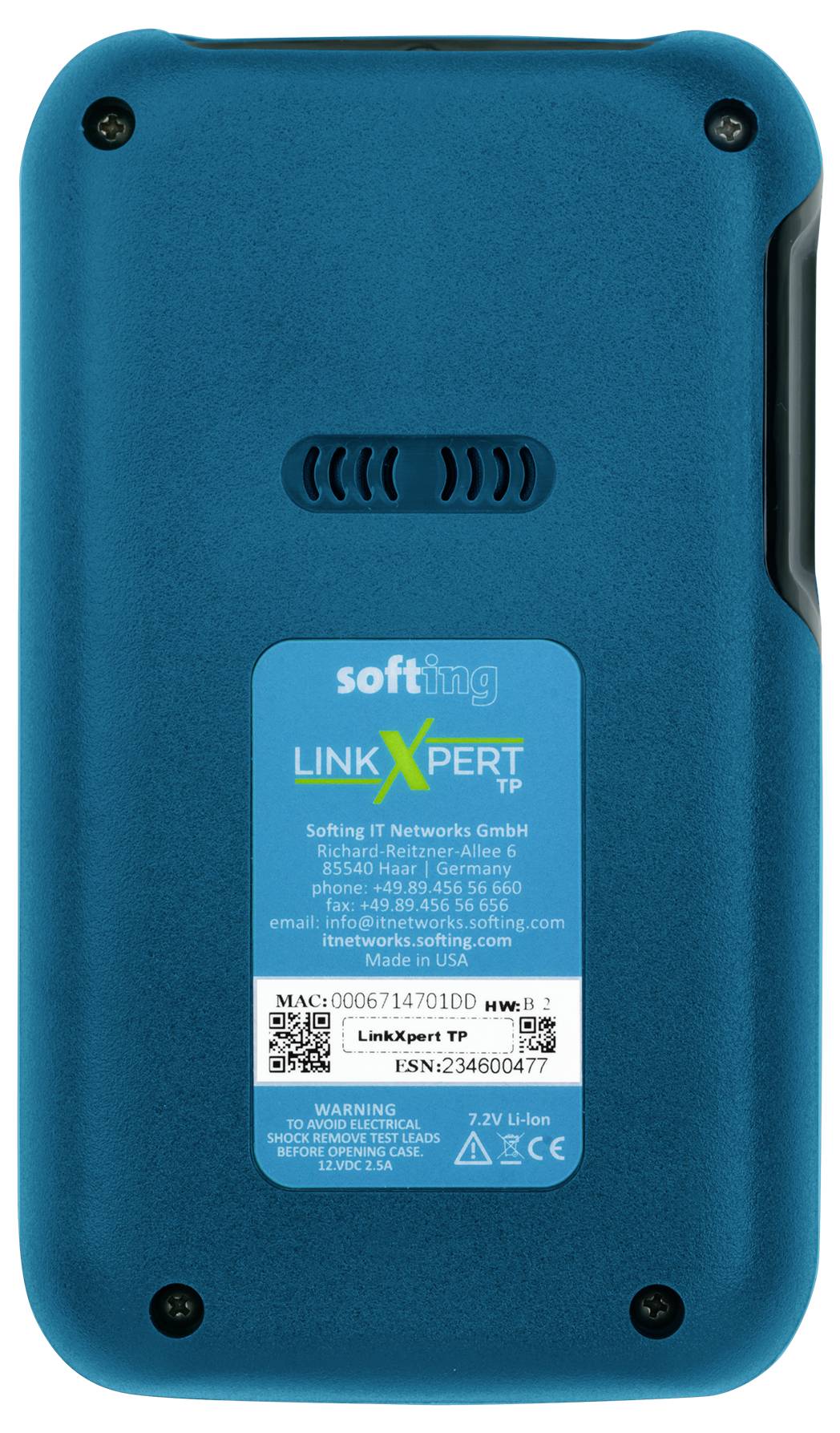 Vue arrière d'un appareil portatif LinkXpert TP bleu avec une étiquette centrale, des aérations et des vis d'angle.