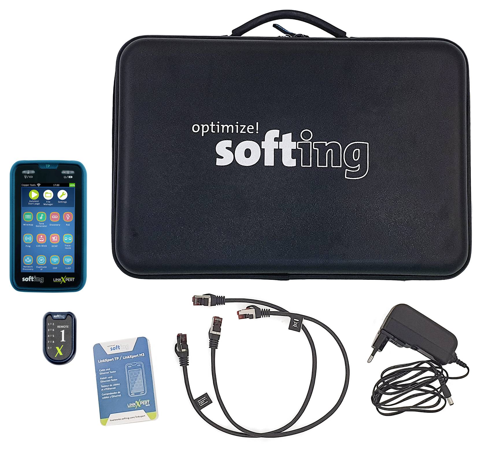 Kit de test Softing avec une mallette de transport noire, un appareil portable, une carte adaptateur, un câble et une alimentation.