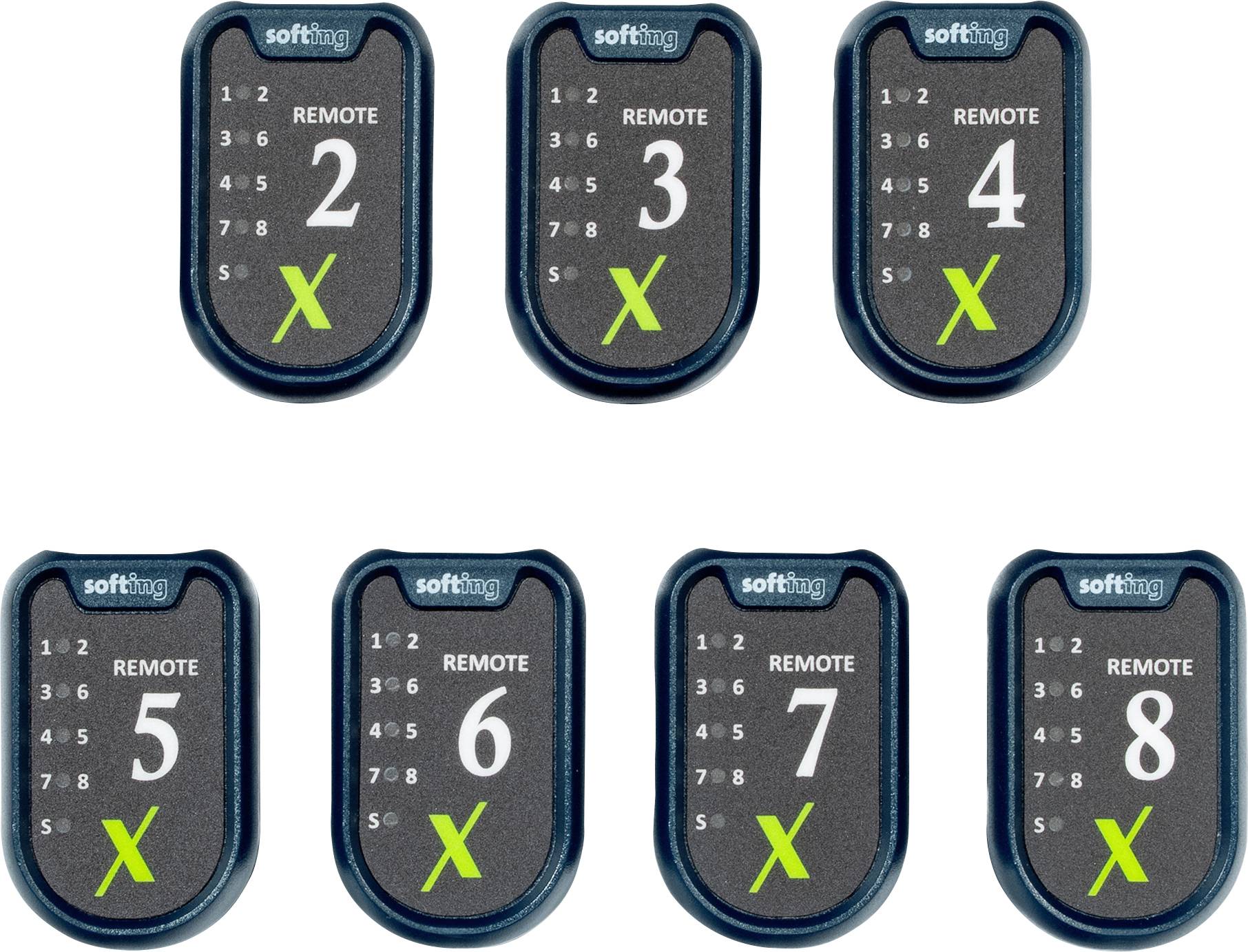 Sept télécommandes numérotées avec des marques en 'X' vertes et des étiquettes allant de 2 à 8. Utilisation peu claire.