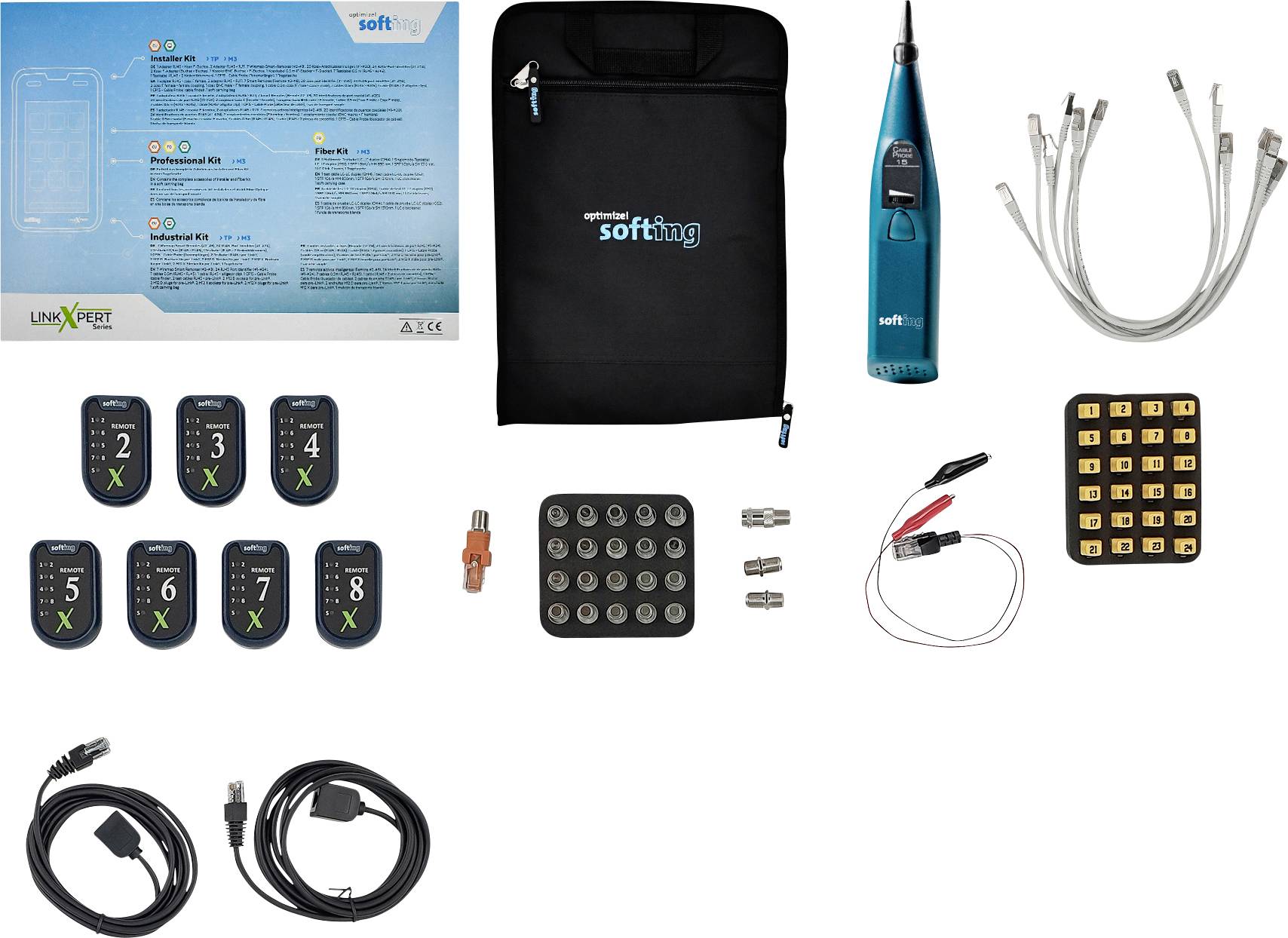 Ensemble de diagnostic 'Softing' : comprend un appareil de diagnostic, un câble de connexion, un adaptateur et un manuel d'utilisation. Idéal pour le diagnostic automobile.