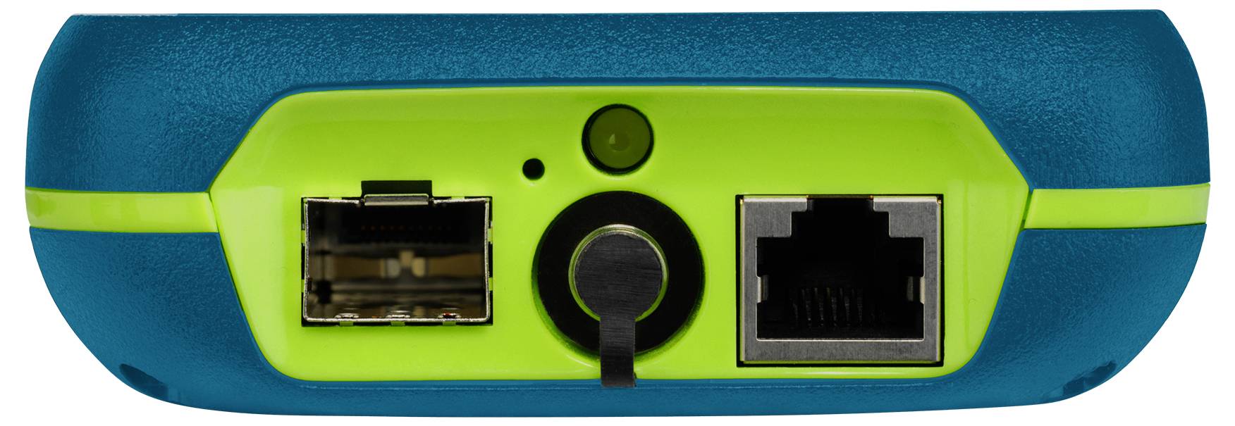 Gros plan d'un panneau de ports d'appareil avec une prise Ethernet, un port rond central et un connecteur d'alimentation, encadré par un boîtier bleu et vert.