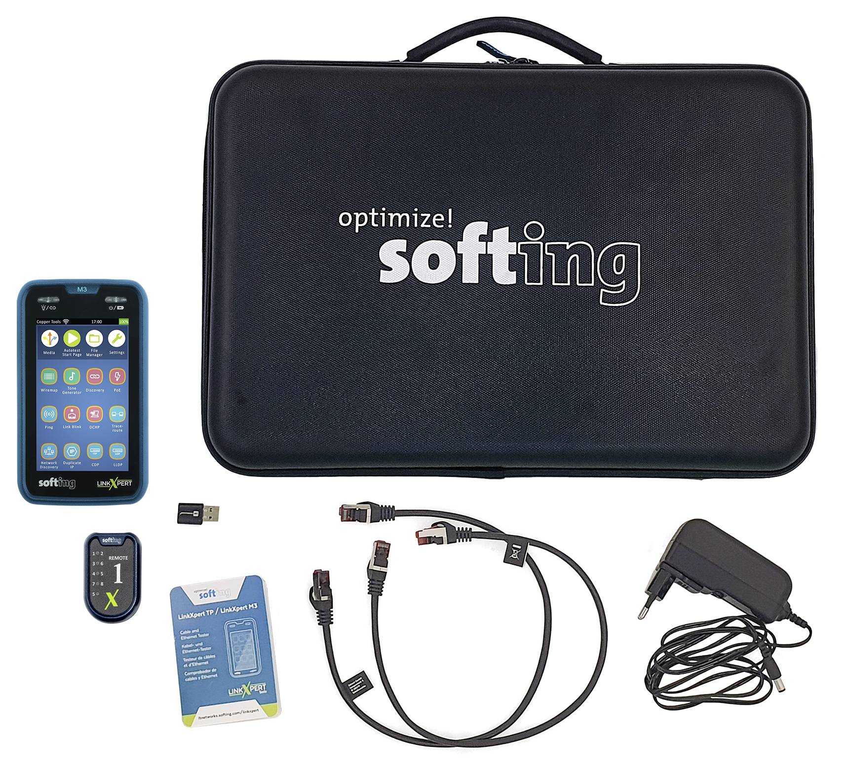 Kit de test Softing dans un étui de transport noir avec appareil de type smartphone, adaptateur, câbles, clé USB, manuel et adaptateur secteur.