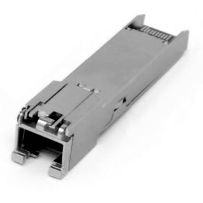 Un connecteur SFP argenté, un petit dispositif rectangulaire conçu pour être utilisé dans des équipements réseau pour la transmission par fibre optique.