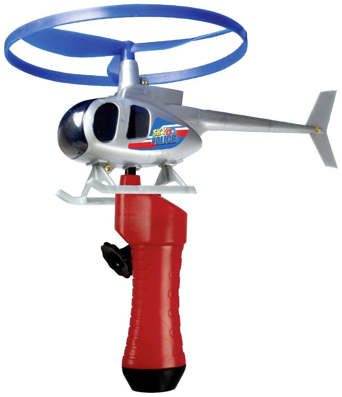 Hélicoptère jouet avec poignée rouge, fuselage argenté et pales de rotor bleues.