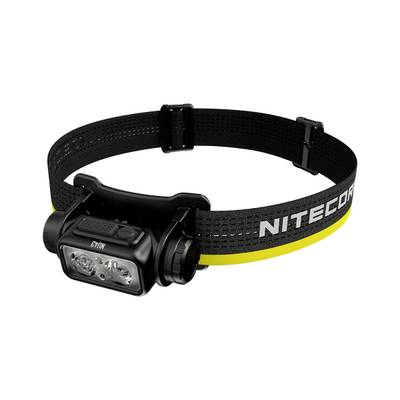 Lampe frontale noire avec bande jaune, bandeau réglable et inscription 'Nitecore'. Deux lampes LED à l'avant.