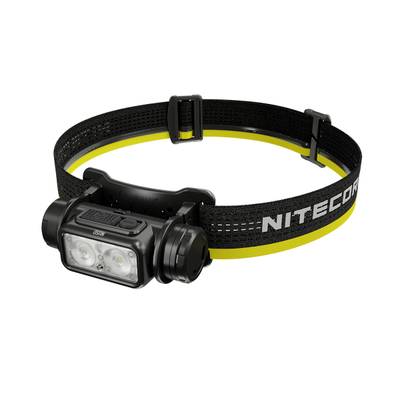 Lampe frontale noire avec bandeau réglable et bande jaune. Deux lumières LED vives à l'avant. Le bandeau porte l'inscription 'NITECORE'.