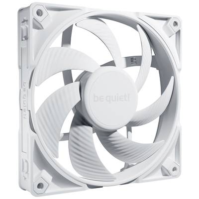 Un ventilateur d'ordinateur blanc avec plusieurs pales, un cadre carré et l'inscription « be quiet! » au centre.