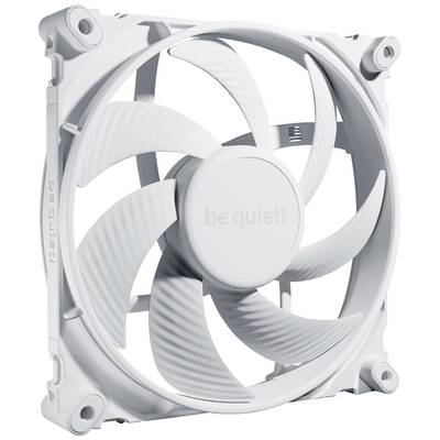 Un ventilateur d'ordinateur blanc portant l'inscription 'be quiet!' au centre, montable sur quatre coins, pour le refroidissement des boîtiers d'ordinateur.