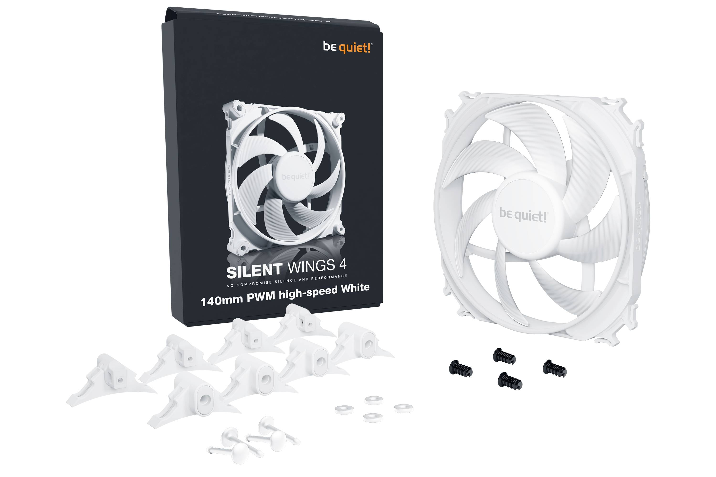 « Silence ! Silent Wings 4 » Ventilateur d'ordinateur en blanc, 140 mm PWM haute vitesse, avec accessoires tels que clips de montage et vis à côté de l'emballage.