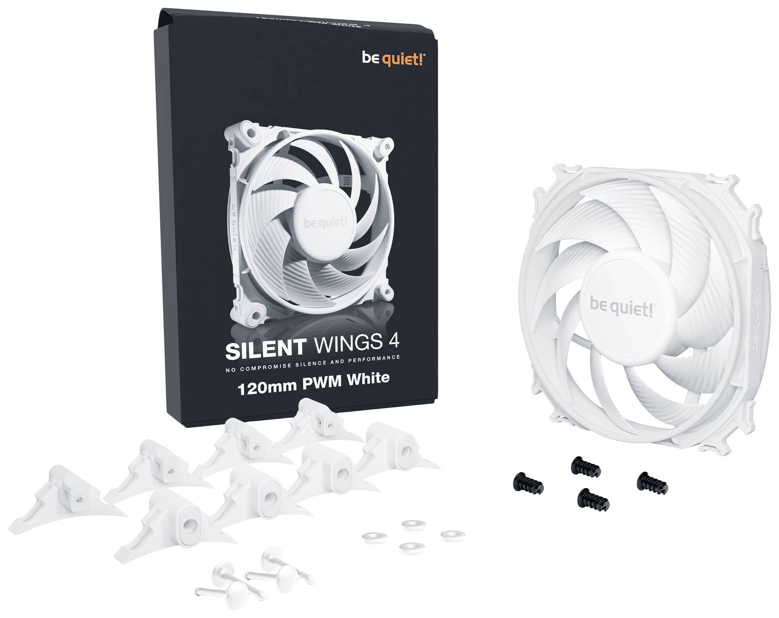 Ventilateur PC 'be quiet! Silent Wings 4 120 mm PWM Blanc', illustré avec son emballage, accessoires de montage et vis.