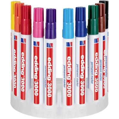 Un présentoir rotatif transparent contient des rangées de marqueurs permanents Edding 3000 en couleurs assorties : rouge, rose, violet, cyan, bleu, vert, marron et noir.