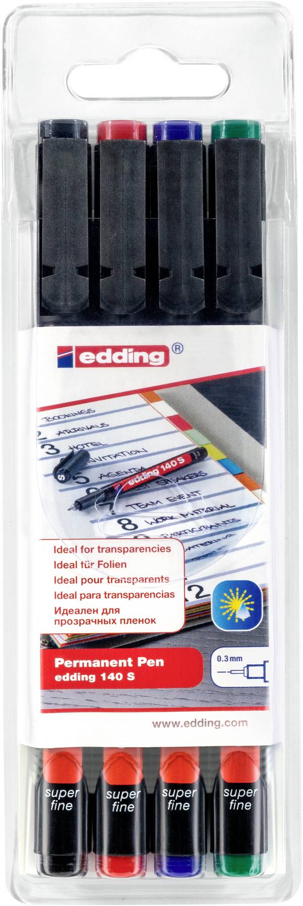 Edding 140 S 4-140-4 Marqueur pour film noir, rouge, bleu, vert résiste à l'eau: oui